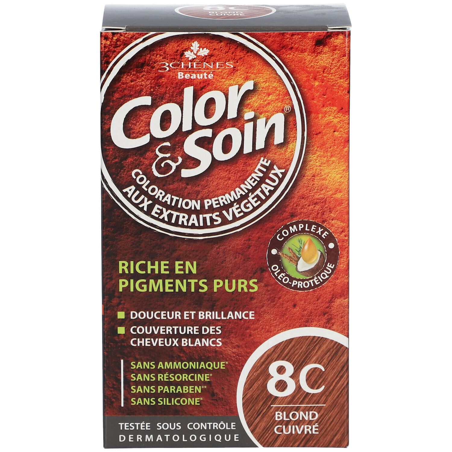 Haarfärbemittel-Verpackung. Aufschrift: Color & Soin, 8C Blond Cuivré. Mit reinen Pigmenten, ohne Ammoniak, Resorcin, Parabene, Silikon. Dermatologisch getest.