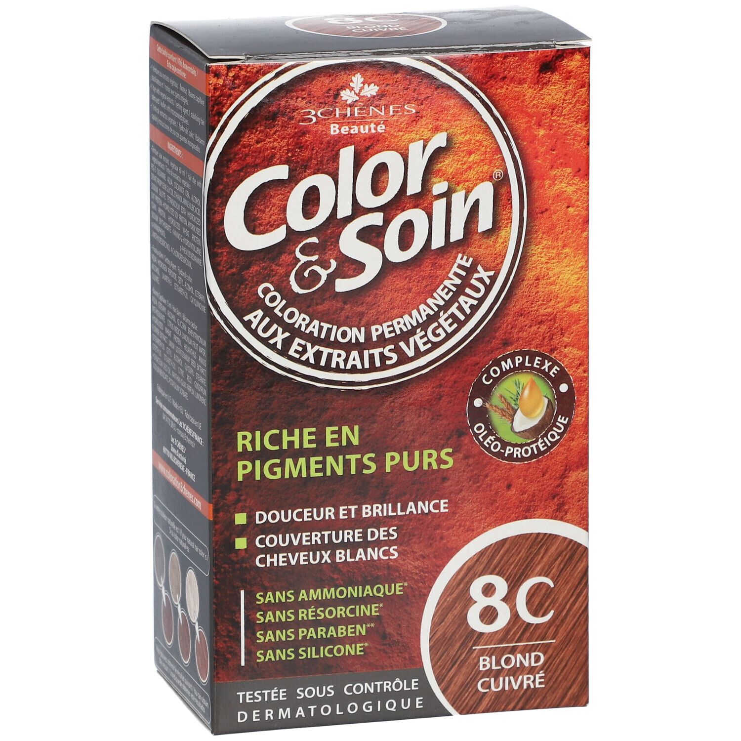 Haarfärbemittel-Verpackung. Aufschrift: Color & Soin, 8C Blond Cuivré. Mit reinen Pigmenten, ohne Ammoniak, Resorcin, Parabene, Silikon. Dermatologisch getest.
