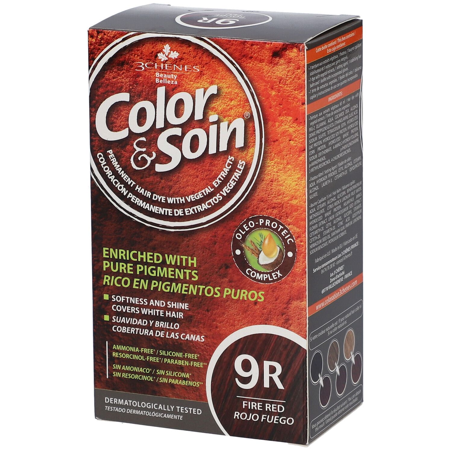 Boîte de coloration capillaire "Color & Soin" 9R Fire Red. Enrichi en pigments purs. Sans ammoniaque, résorcine, parabène, silicone.