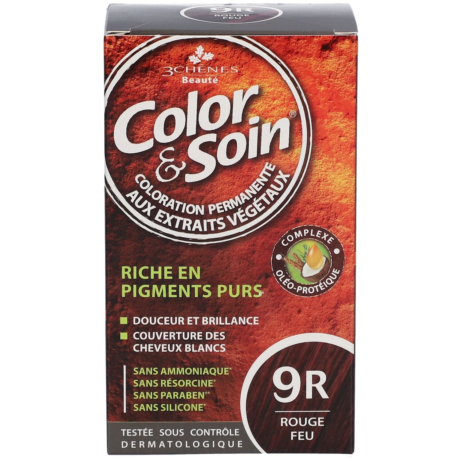 Boîte de coloration capillaire "Color & Soin" 9R Rouge Feu. Contient des pigments purs. Sans ammoniaque, résorcine, parabène, silicone.
