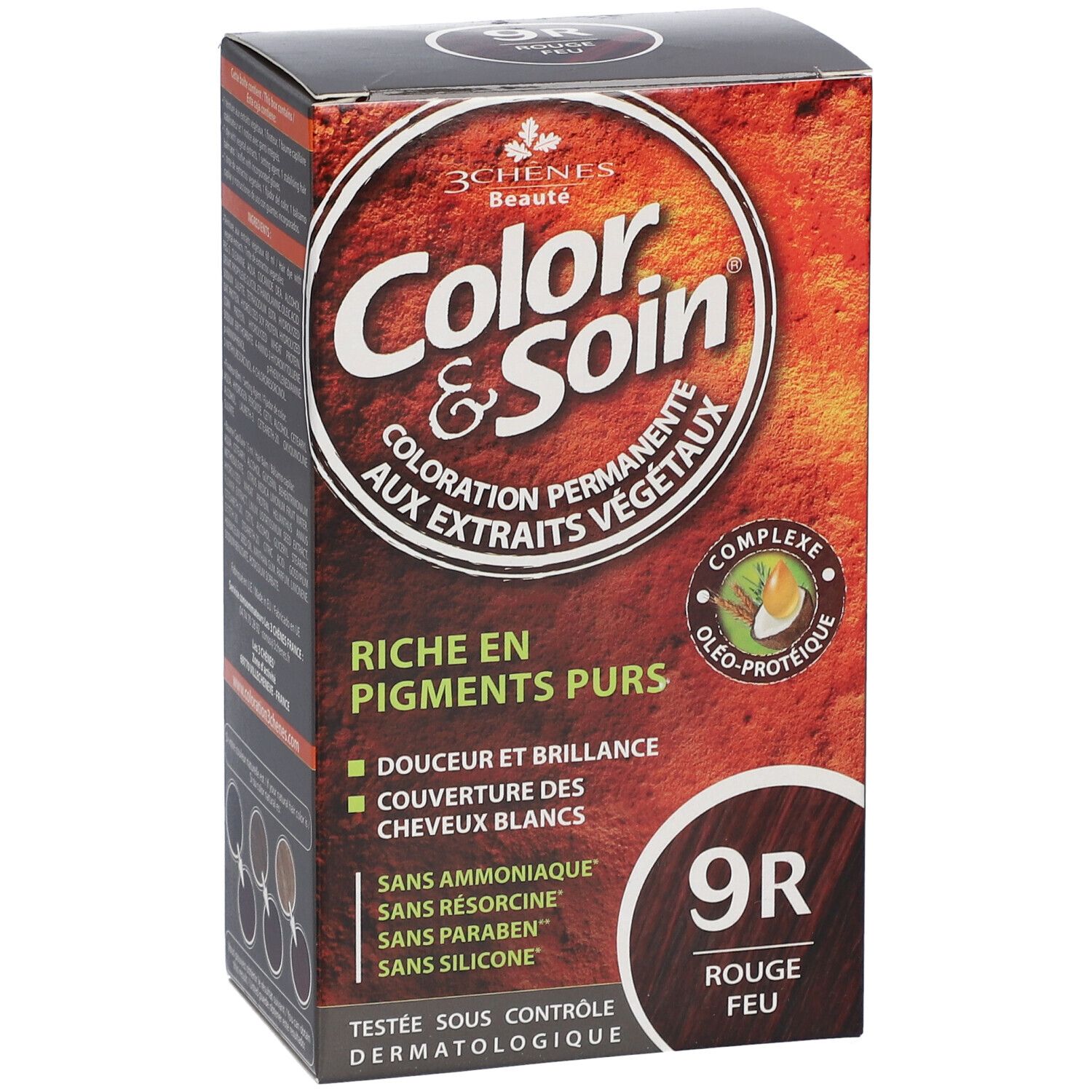 Boîte de coloration capillaire "Color & Soin" 9R Rouge Feu. Contient des pigments purs. Sans ammoniaque, résorcine, parabène, silicone.