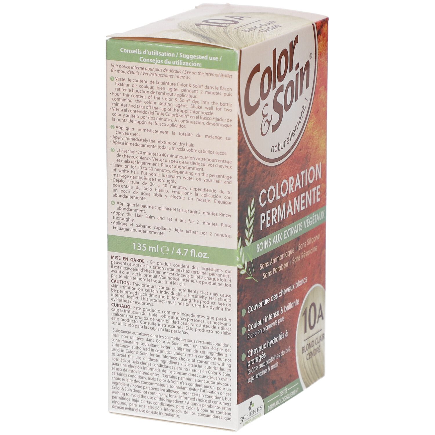 Haarfärbemittel-Box. Aufschrift: Color & Soin, 10A Aschiges Hellblond. Enthält pflanzliche Extrakte, angereichert mit reinen Pigmenten. 135 ml / 4.7 fl.oz.