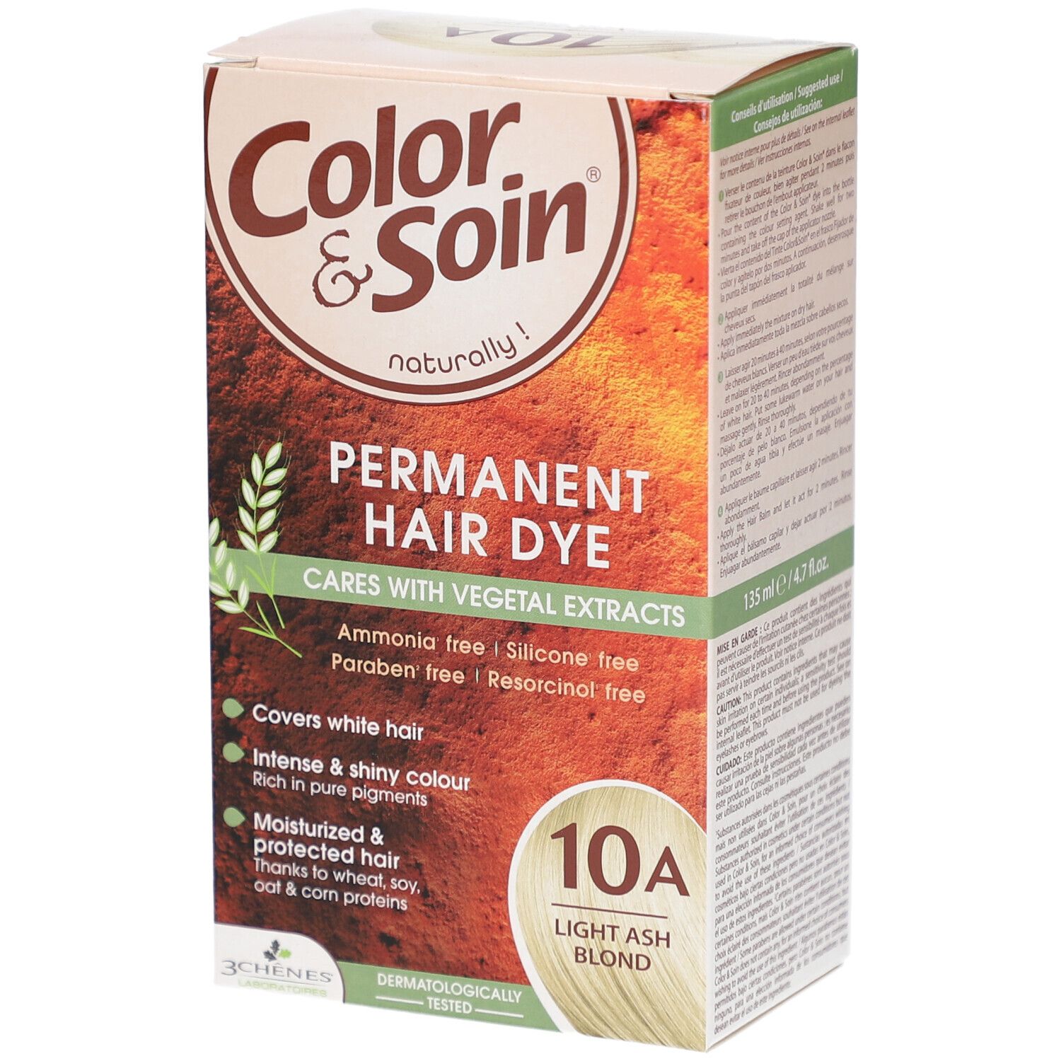 Haarfärbemittel-Box. Aufschrift: Color & Soin, 10A Blond Clair Cendre. Enthält pflanzliche Extrakte, angereichert mit reinen Pigmenten. 135 ml / 4.7 fl.oz.