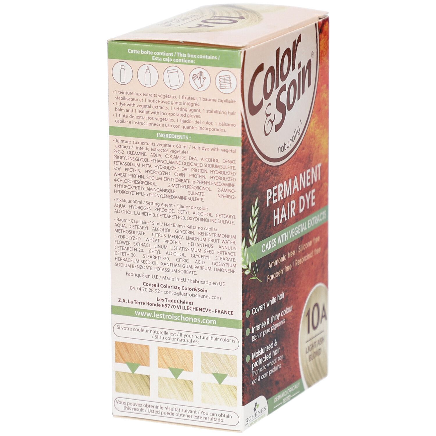 Haarfärbemittel-Box. Aufschrift: Color & Soin, 10A Blond Clair Cendre. Enthält pflanzliche Extrakte, angereichert mit reinen Pigmenten. Inhaltsstoffe.