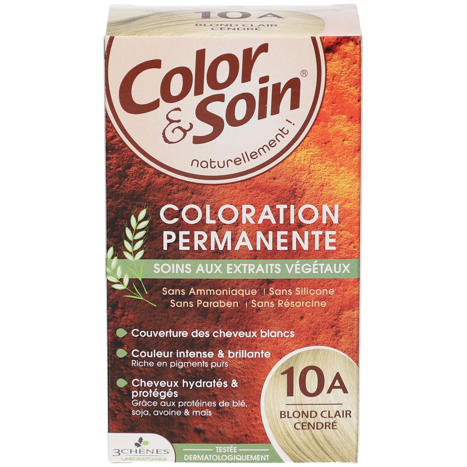 Haarfärbemittel-Box. Aufschrift: Color & Soin, 10A Aschiges Hellblond. Enthält pflanzliche Extrakte, angereichert mit reinen Pigmenten.