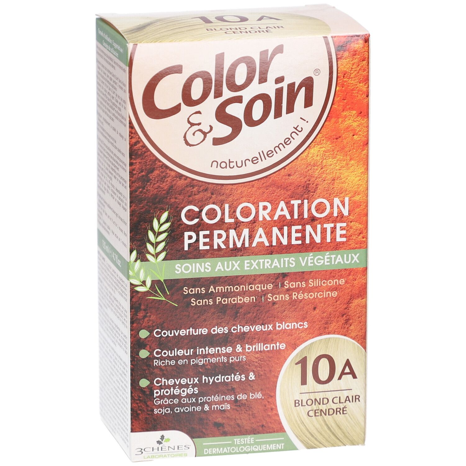 Haarfärbemittel-Box. Aufschrift: Color & Soin, 10A Aschiges Hellblond. Enthält pflanzliche Extrakte, angereichert mit reinen Pigmenten.