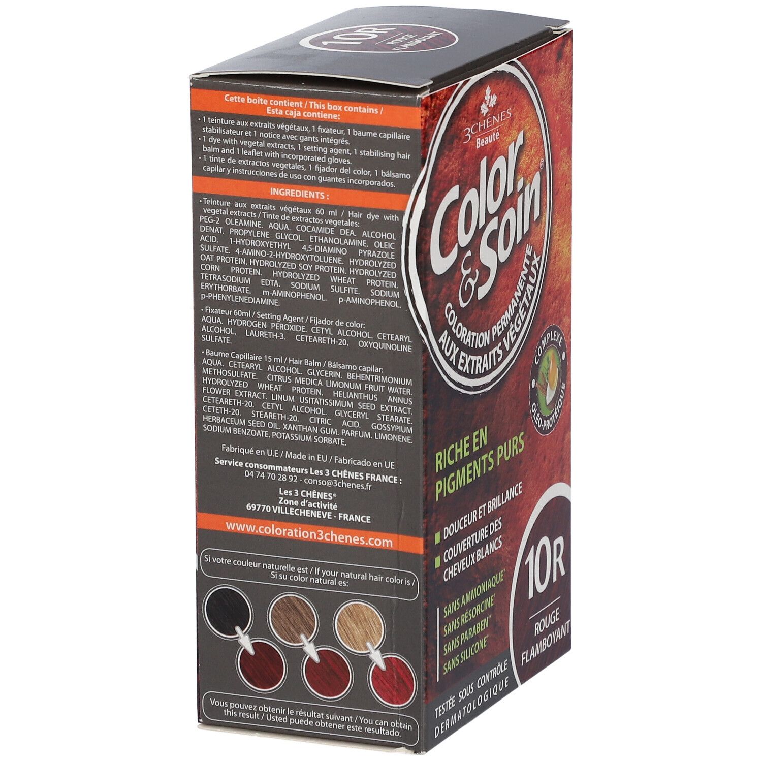 Haarfärbemittel-Box. "Color & Soin" 10R. Rückseite mit Inhaltsstoffen und Farbbeispielen.
