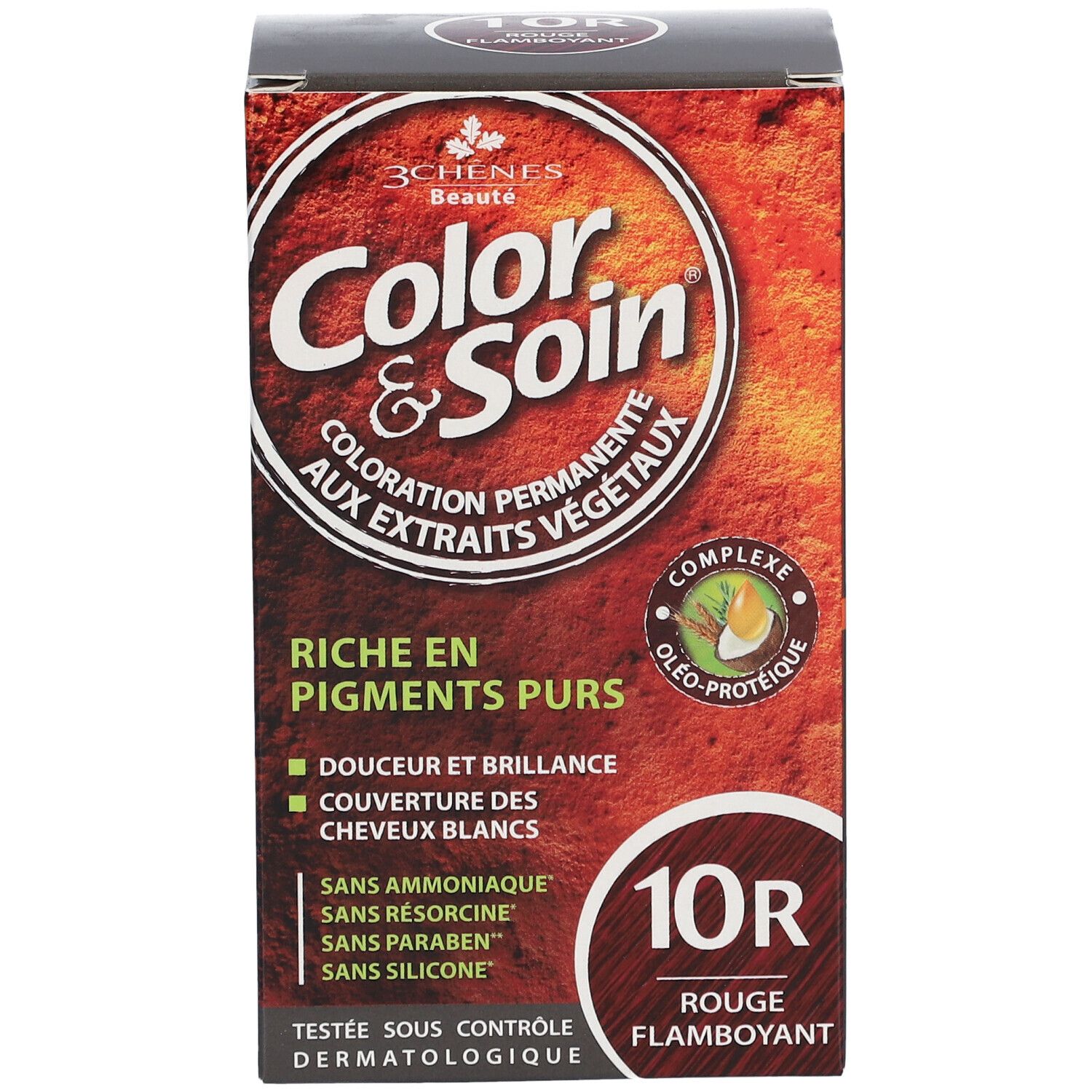 Haarfärbemittel-Box. "Color & Soin" 10R flammendes Rot. Text: "Riche en pigments purs".