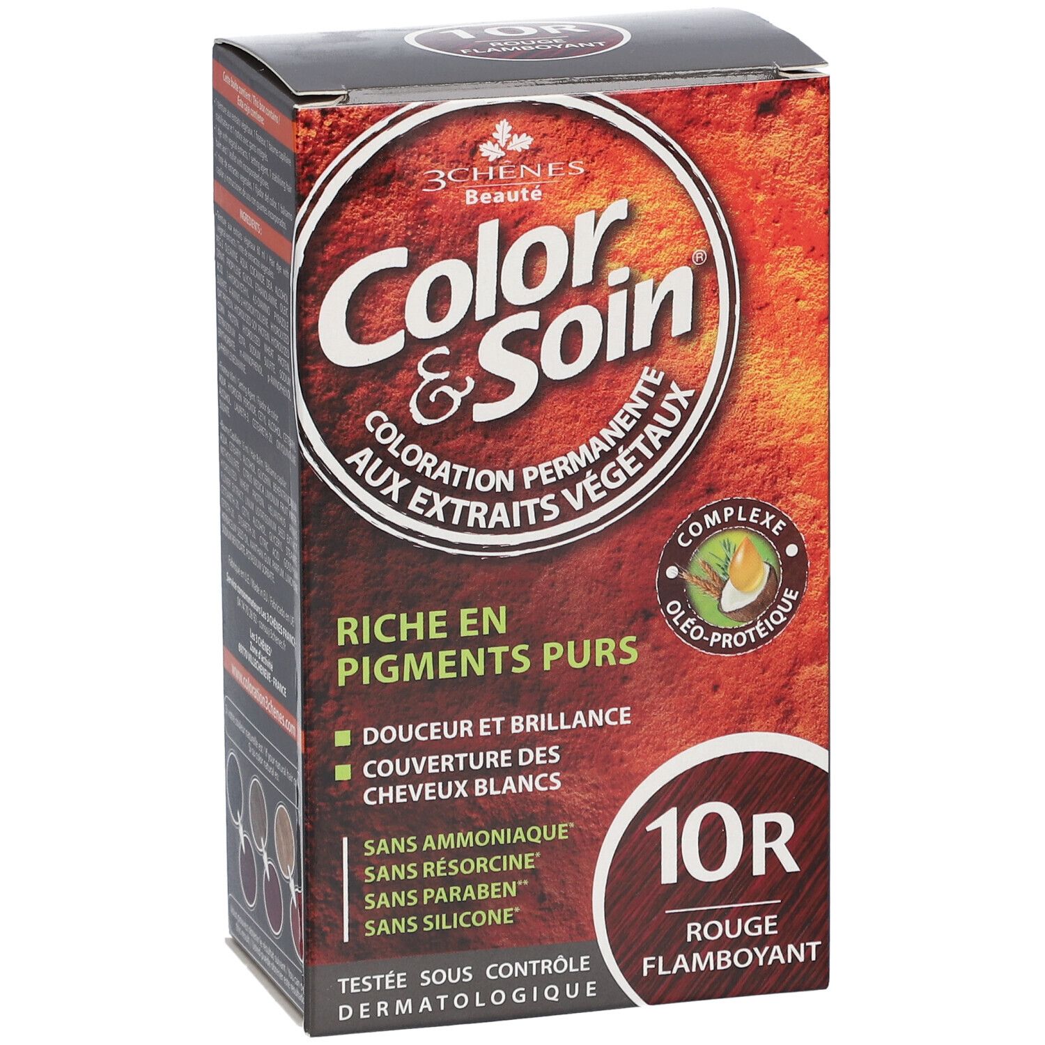 Haarfärbemittel-Box. "Color & Soin" 10R flammendes Rot. Text: "Riche en pigments purs".