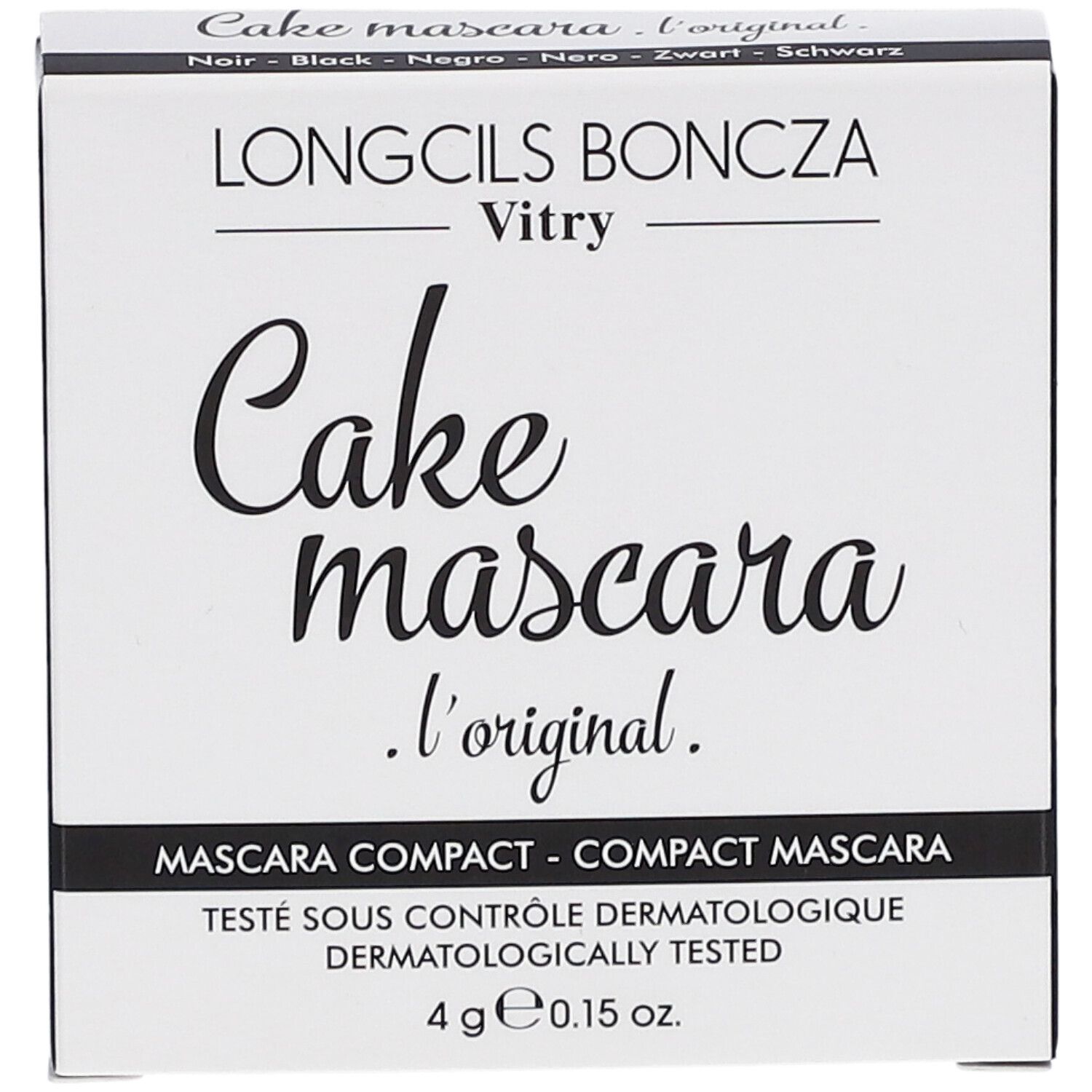Weiße Verpackung mit schwarzer Schrift. Enthält Cake Mascara. Marke: Vitry. Text: Mascara Compact. Dermatologisch getestet.