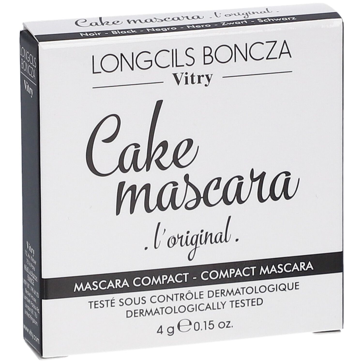 Weiße Verpackung mit schwarzer Schrift. Enthält Cake Mascara. Marke: Vitry. Text: Mascara Compact. Dermatologisch getestet.