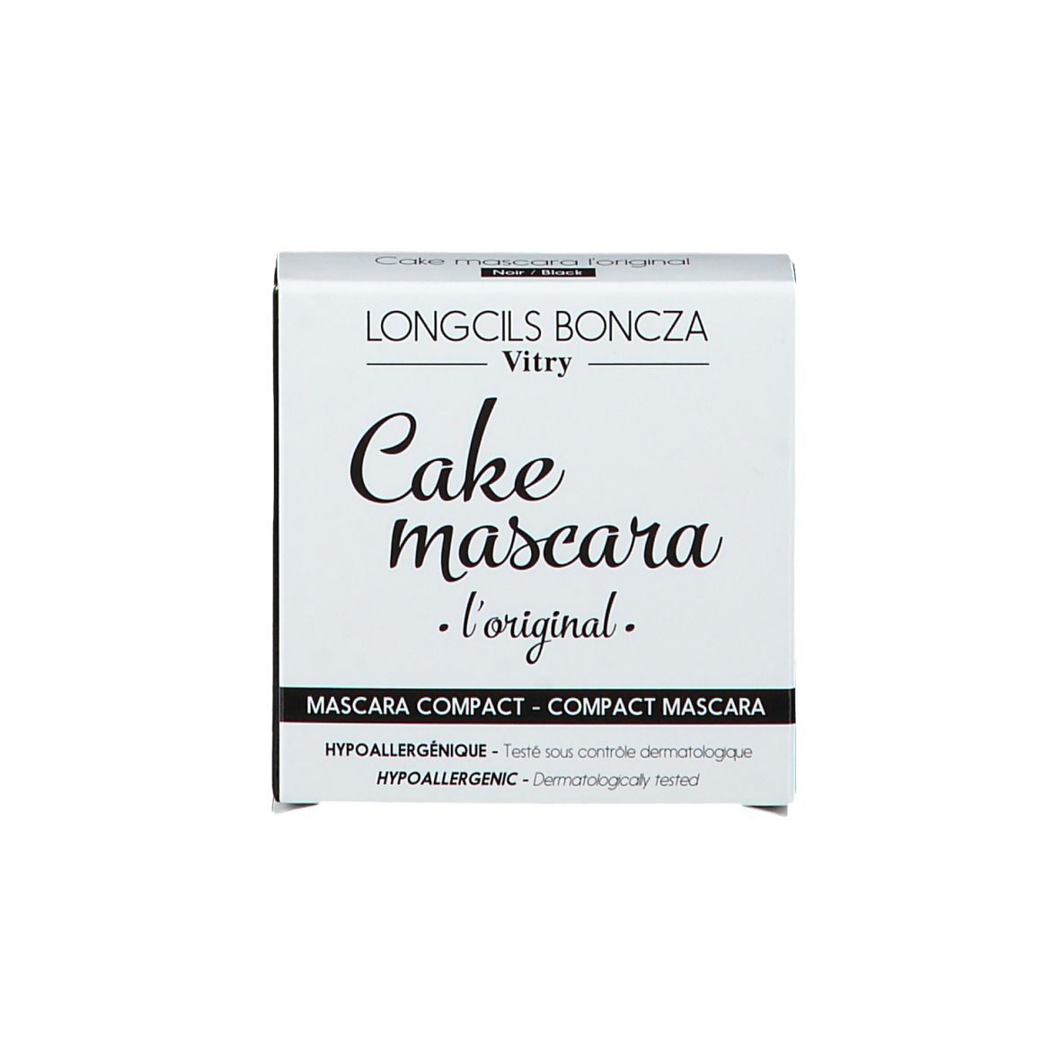 Weiße Verpackung mit schwarzer Schrift. Enthält Cake Mascara. Marke: Vitry. Text: Mascara Compact. Hypoallergen.