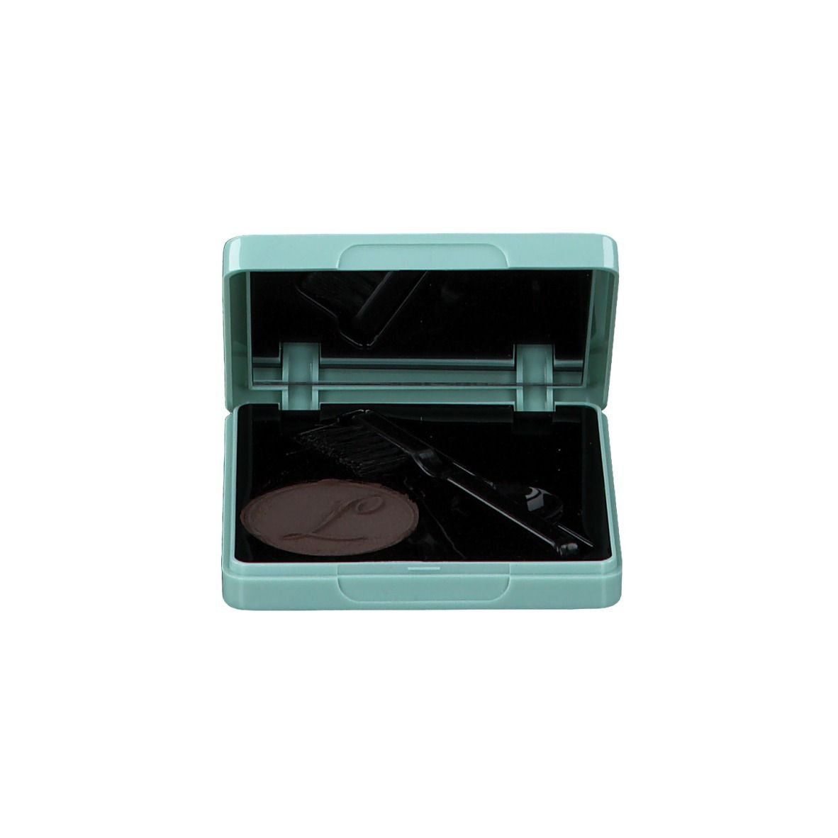 Set de mascara bleu clair ouvert, avec miroir, brosse et mascara compact.