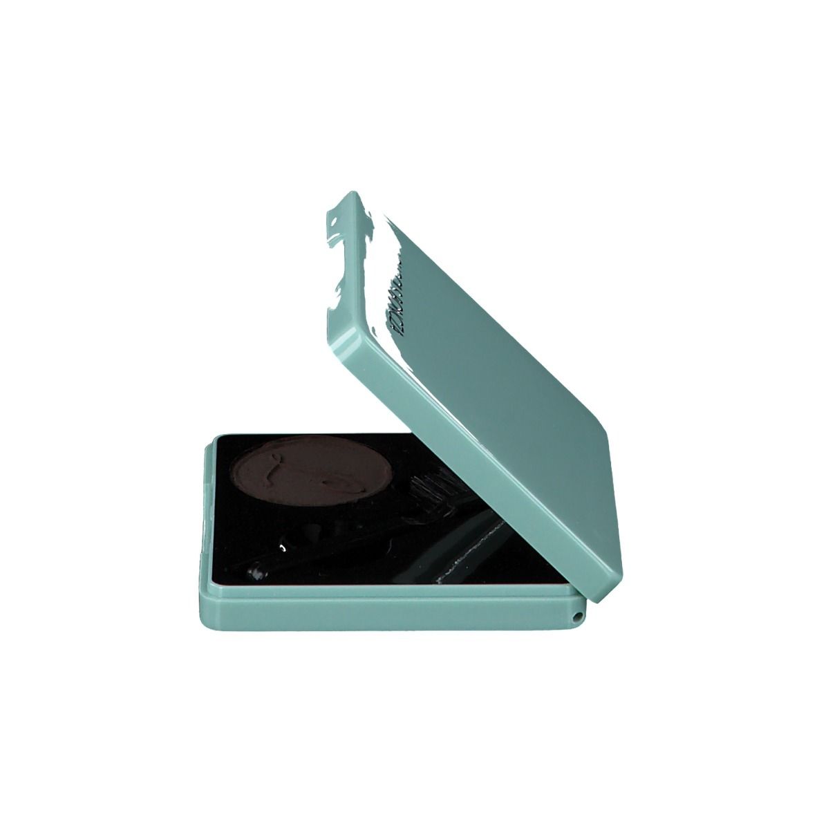 Set de mascara bleu clair ouvert, avec mascara compact, brosse et miroir.