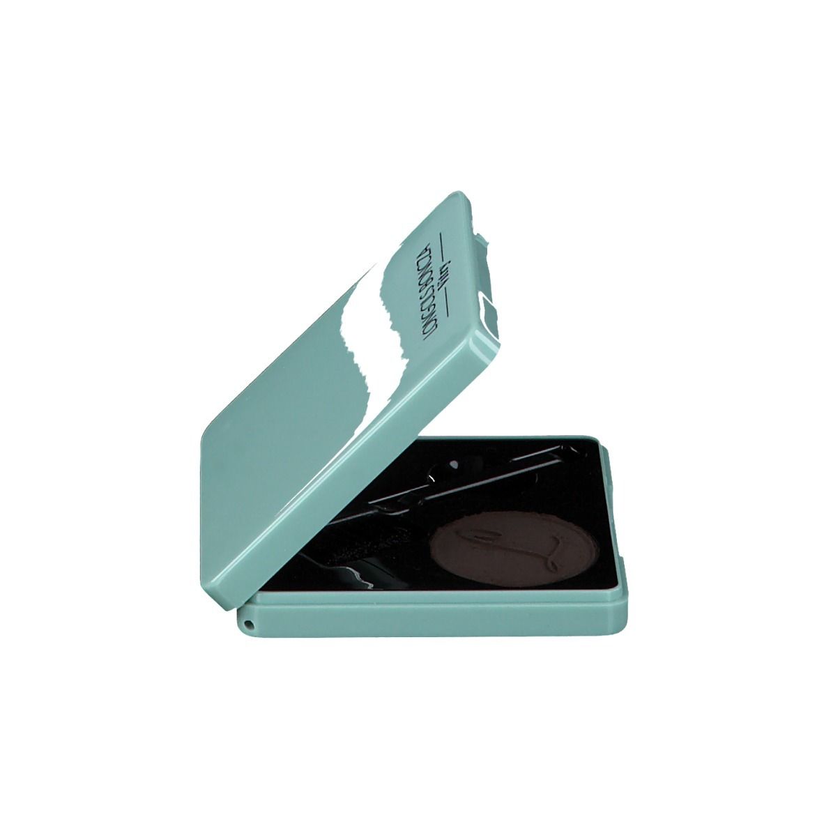 Set de mascara bleu clair ouvert, avec mascara compact, brosse et miroir.