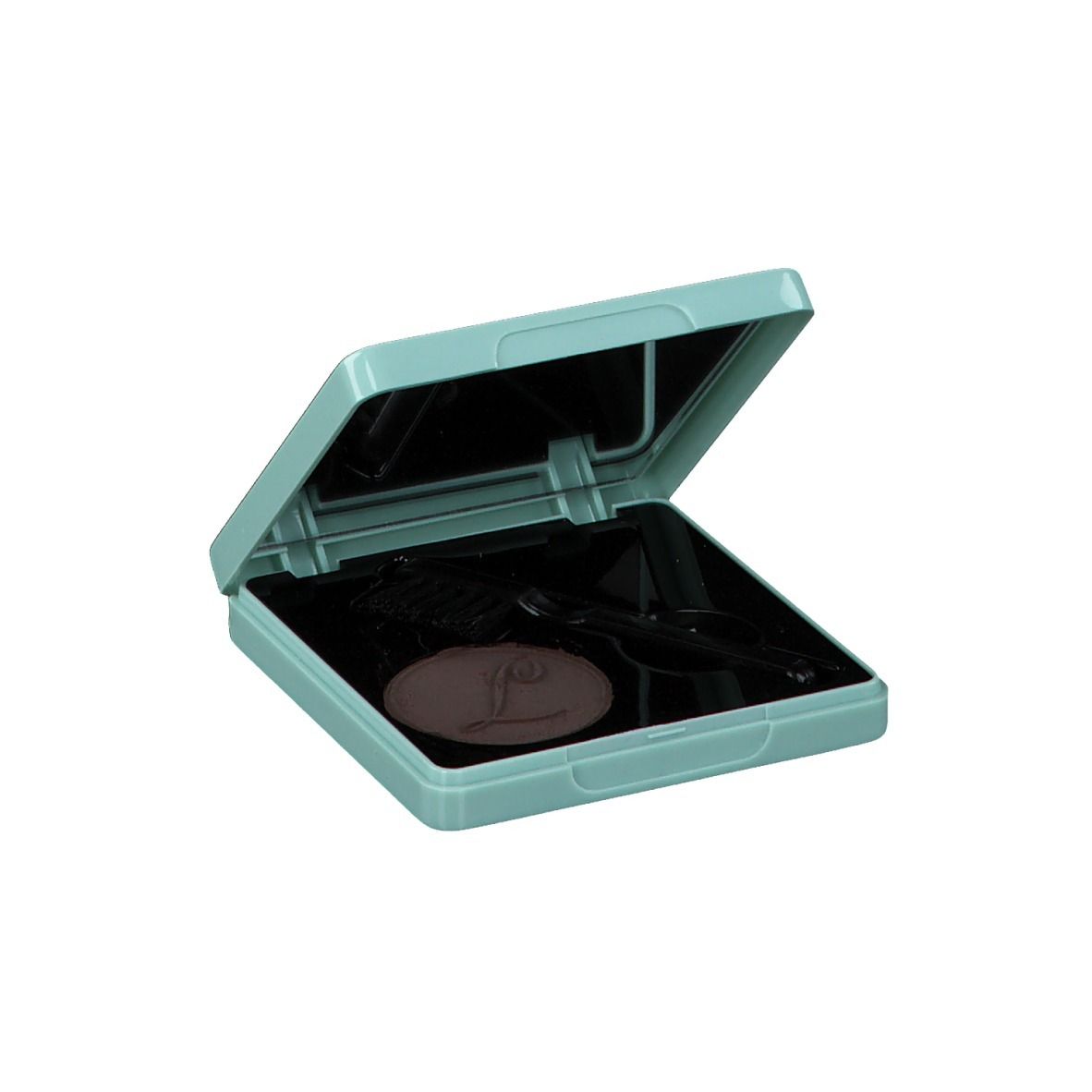 Set de mascara bleu clair ouvert, avec miroir, brosse et mascara compact.