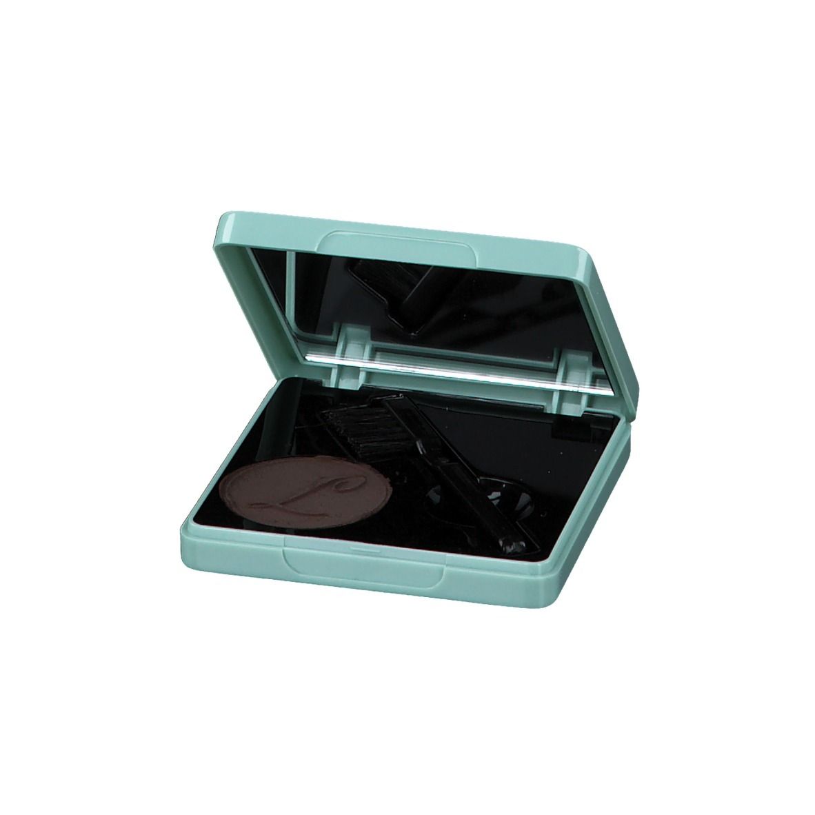 Set de mascara bleu clair ouvert, avec miroir, brosse et mascara compact.