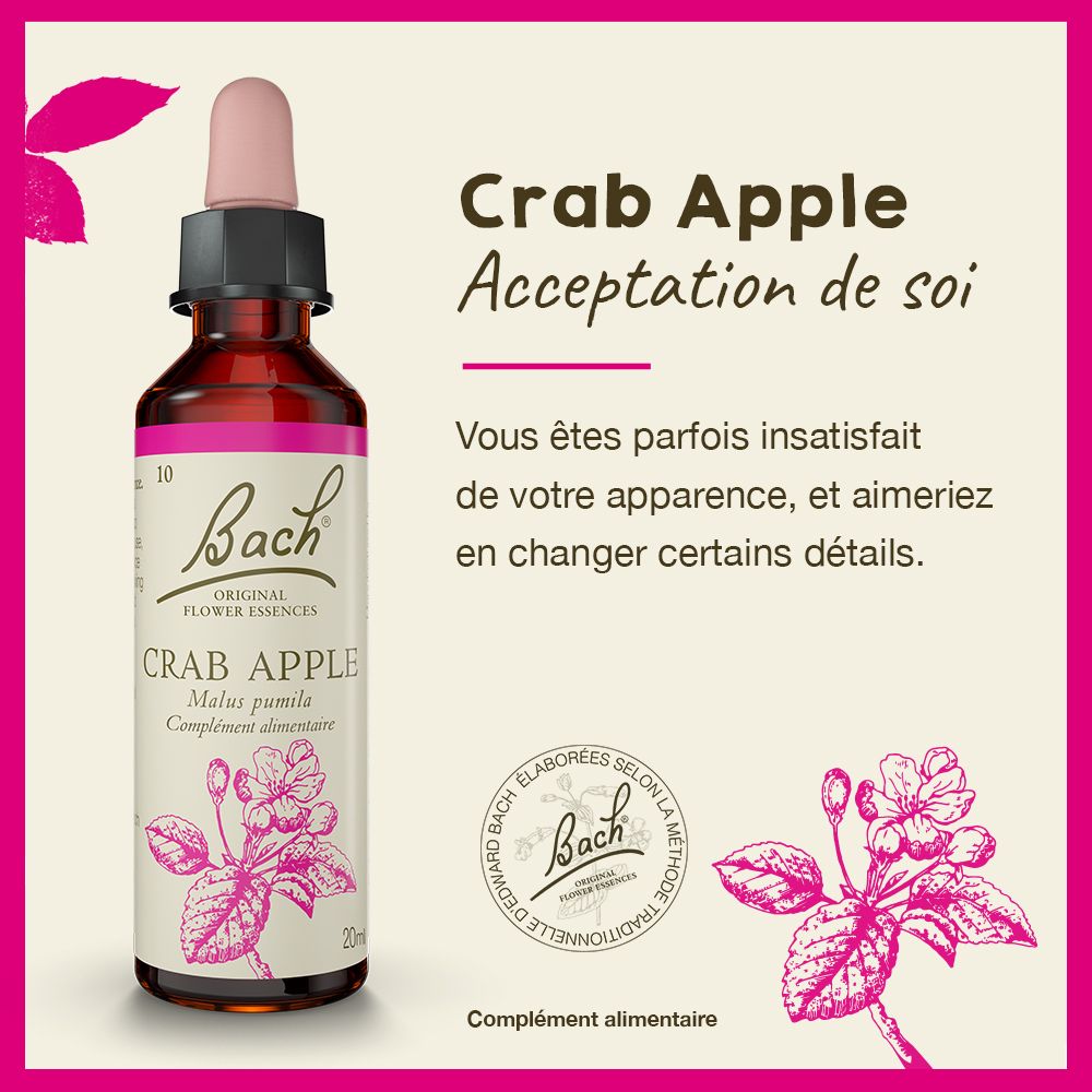 Braune Flasche mit rosa Verschluss. Text: Crab Apple, Akzeptanz von sich selbst. Bach-Logo.