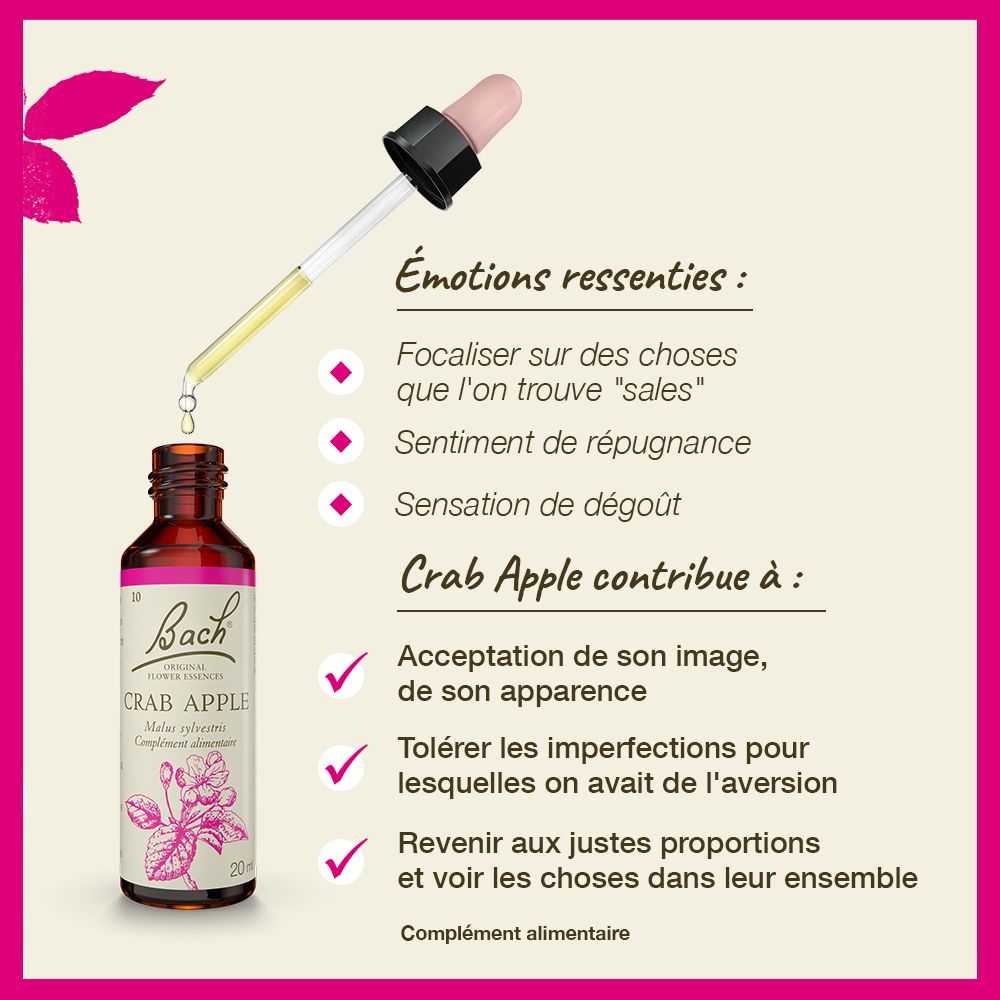 Braune Flasche mit rosa Verschluss. Text: Crab Apple. Tropfer. Bach-Logo. Rosa Hintergrund.