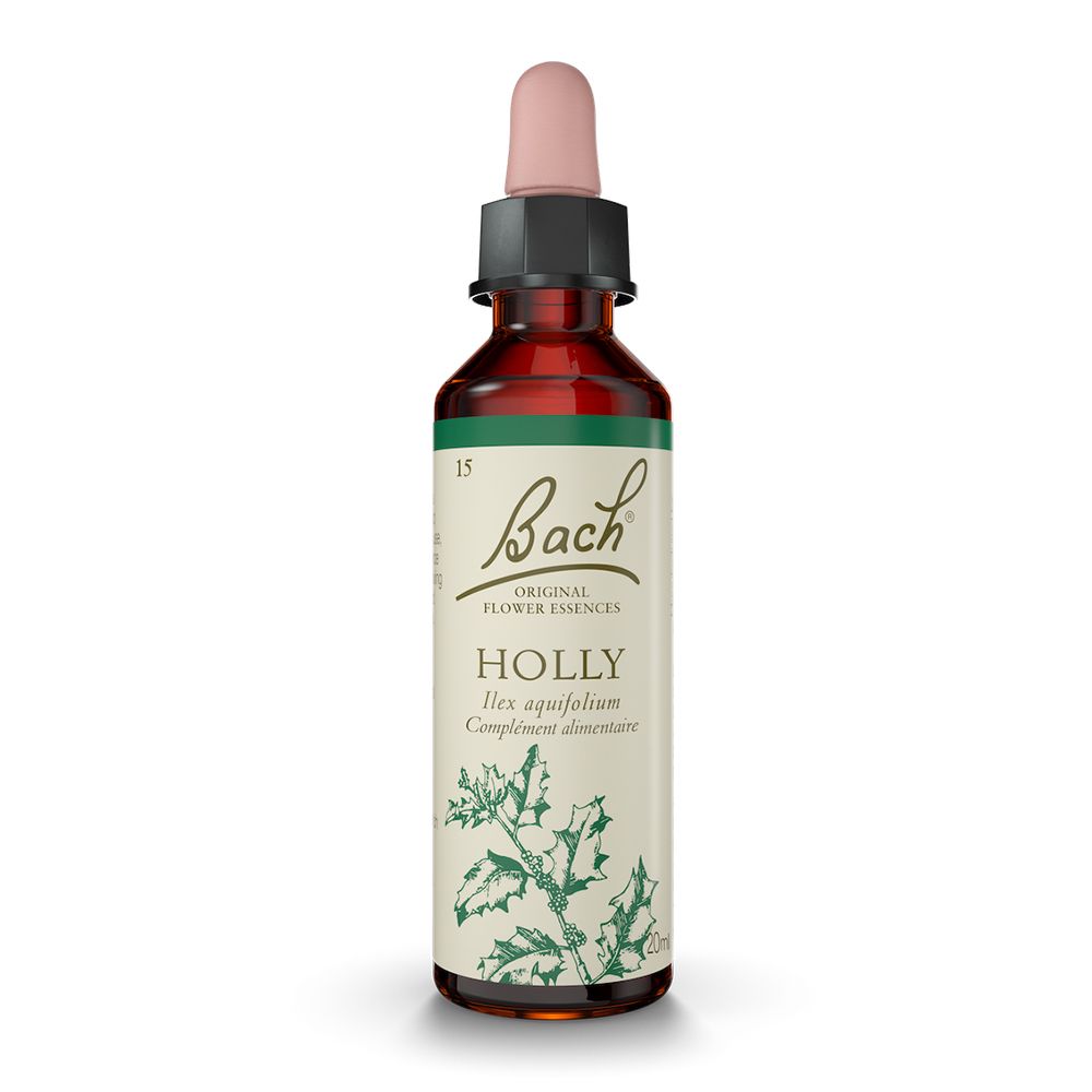 Braune Glasflasche mit Tropfer. Etikett mit Holly-Illustration und Bach-Logo. Original Bach®-Blüten.