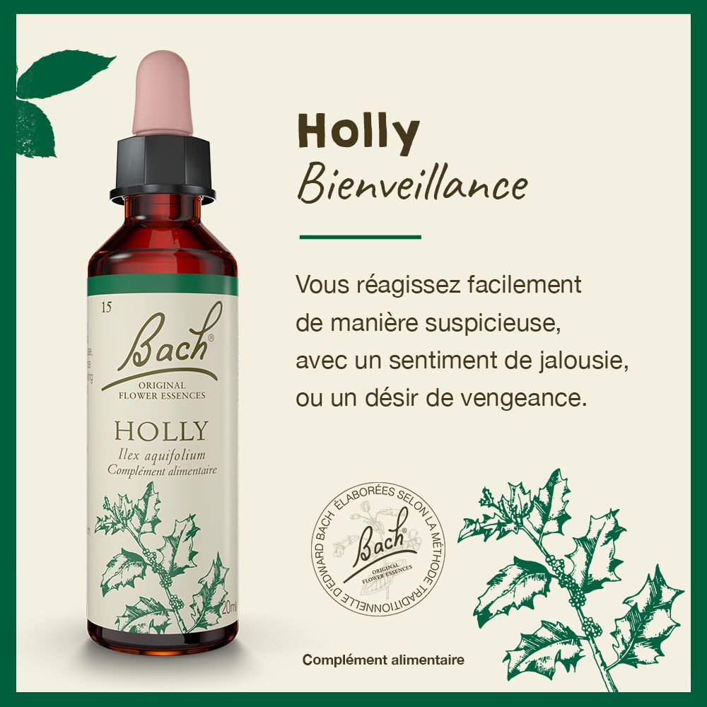 Produkt mit Holly-Illustration und Text. Holly für Bienveillance. Bach-Logo und Text.