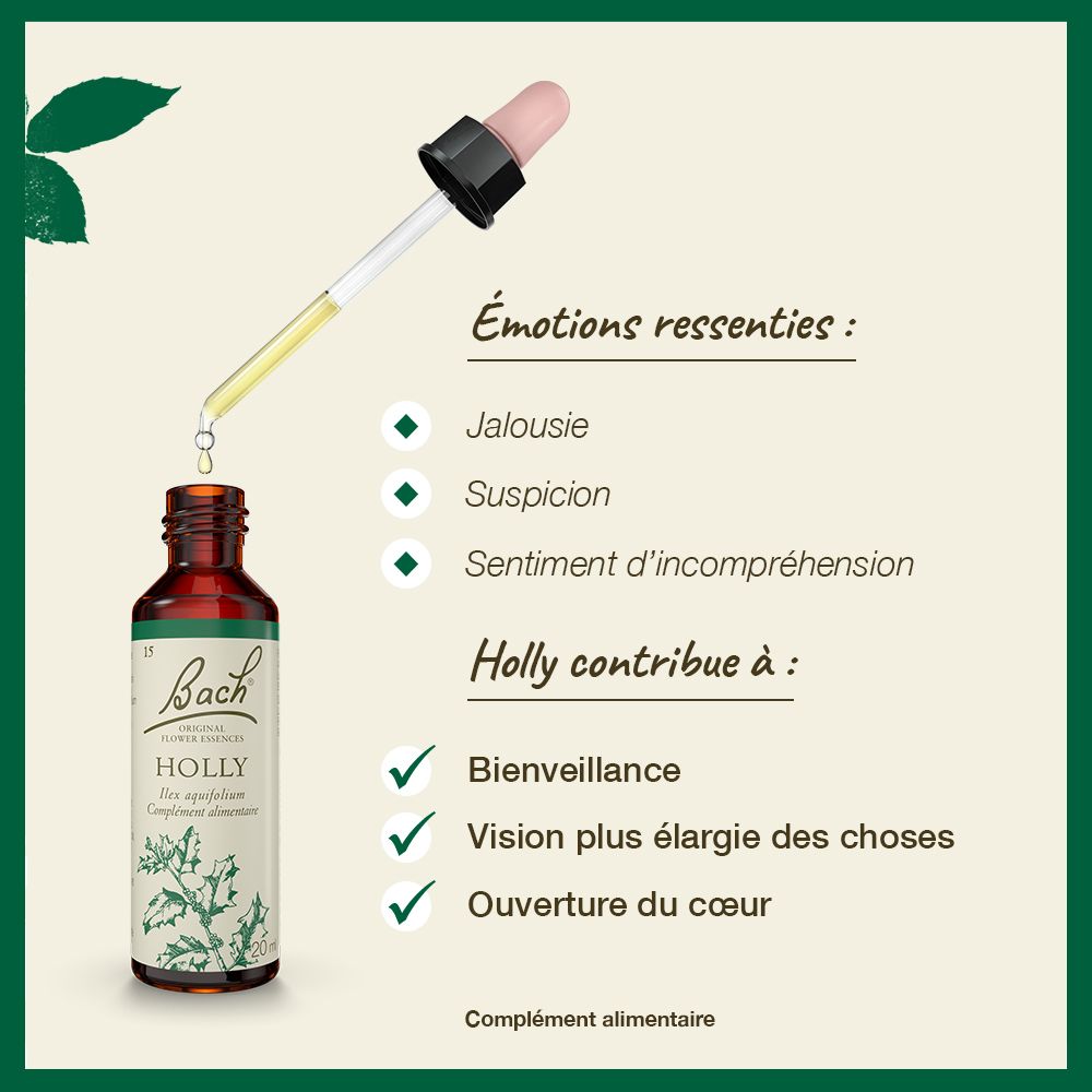 Produkt mit Tropfer und Text. Holly für Bienveillance, Vision, und Öffnung. Bach-Logo und Text.