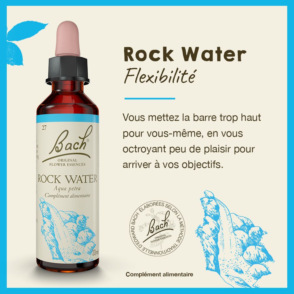 Produktflasche mit Text. Text: Rock Water, Flexibilität. Bach Original Flower Essences Logo.
