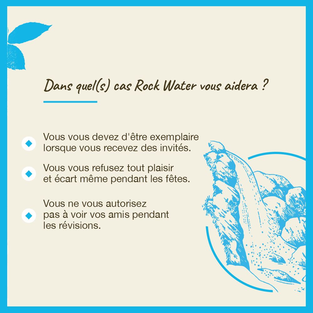 Text auf blauem Hintergrund. Text: In welchen Fällen hilft Rock Water? Bach Logo.