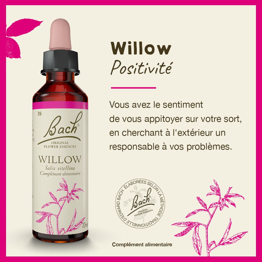 Rosa Hintergrund mit Text: Willow Positivität. Flasche mit Pipette. Text: Bach Original Flower Essences.