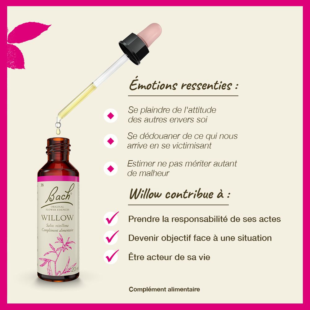 Rosa Hintergrund mit Text und Flasche mit Pipette. Text: Emotionen, Willow trägt bei zu. Bach Original Flower Essences.