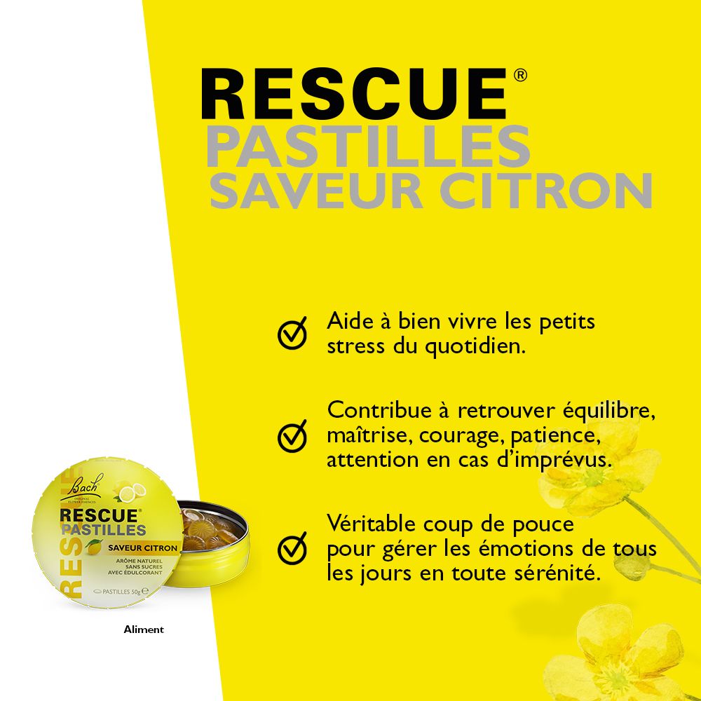 Fond jaune avec texte: RESCUE PASTILLES Citron. Avantages du produit et petite boîte.