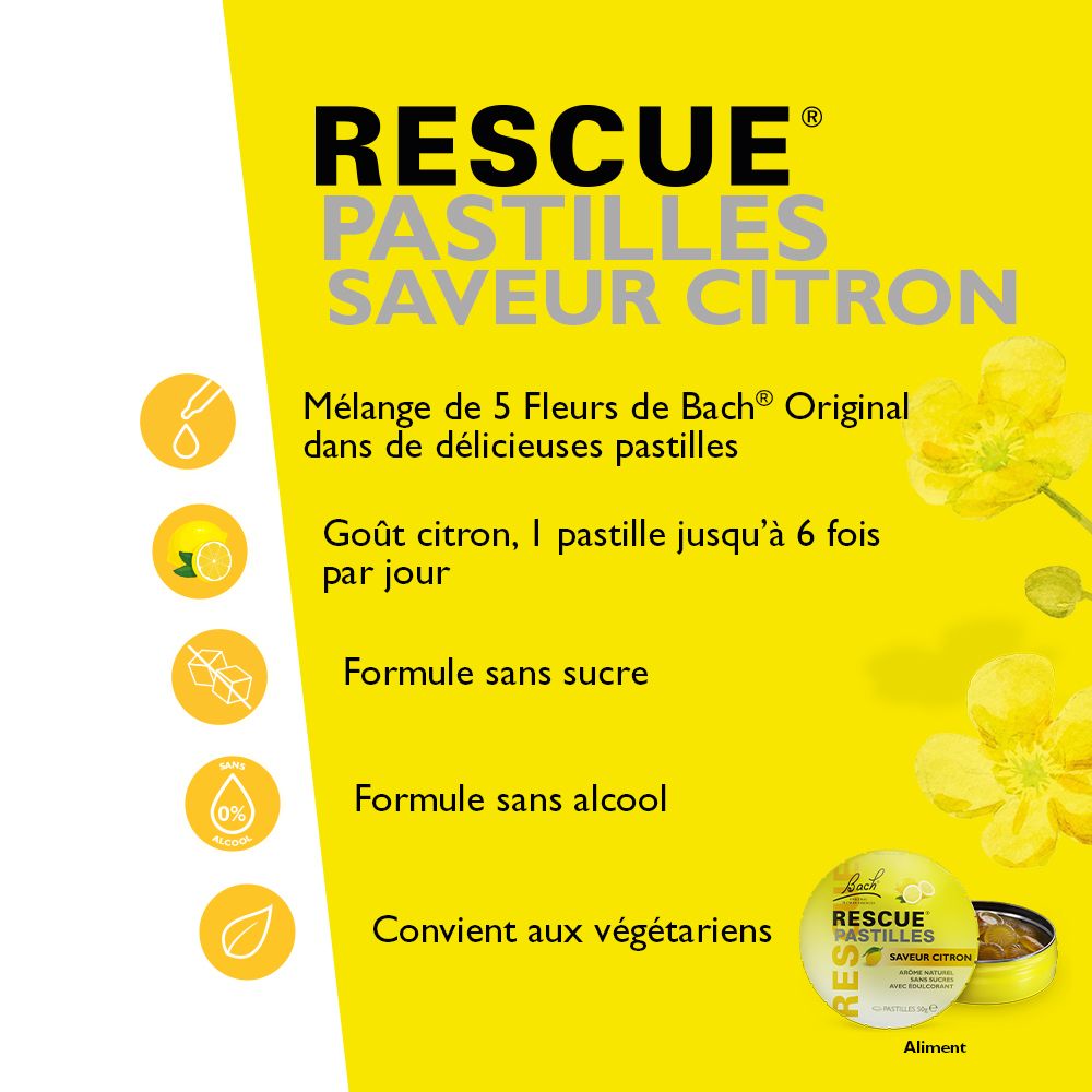 Fond jaune avec texte: RESCUE PASTILLES Citron. Caractéristiques du produit et petite boîte.