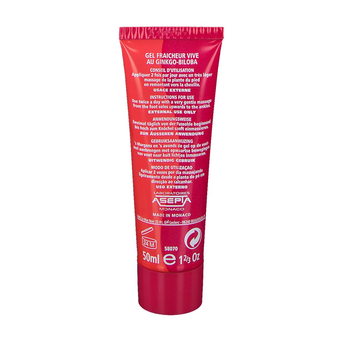 Dos du tube rouge. Texte: Gel Fraîcheur Vive au Ginkgo-Biloba. Mode d'emploi. Fabricant: Asepta Monaco.