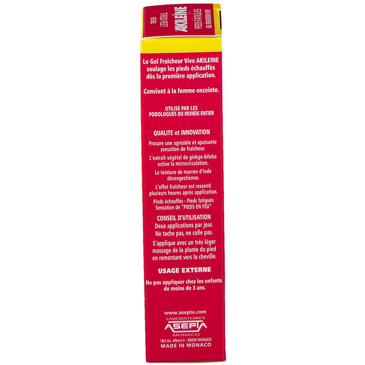 Côté de la boîte. Texte: Gel Fraîcheur Vive Akileine. Conseils d'utilisation. Fabricant: Asepta Monaco. Made in Monaco.