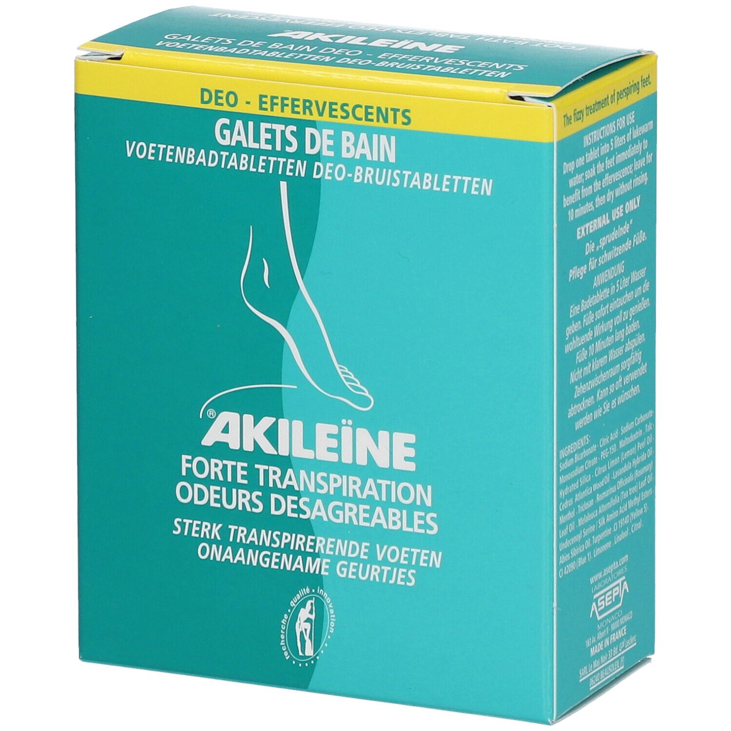 Türkis-gelbe Schachtel mit Akileïne-Logo und Fuß-Illustration. Text: Forte Transpiration, Odeurs Désagréables.