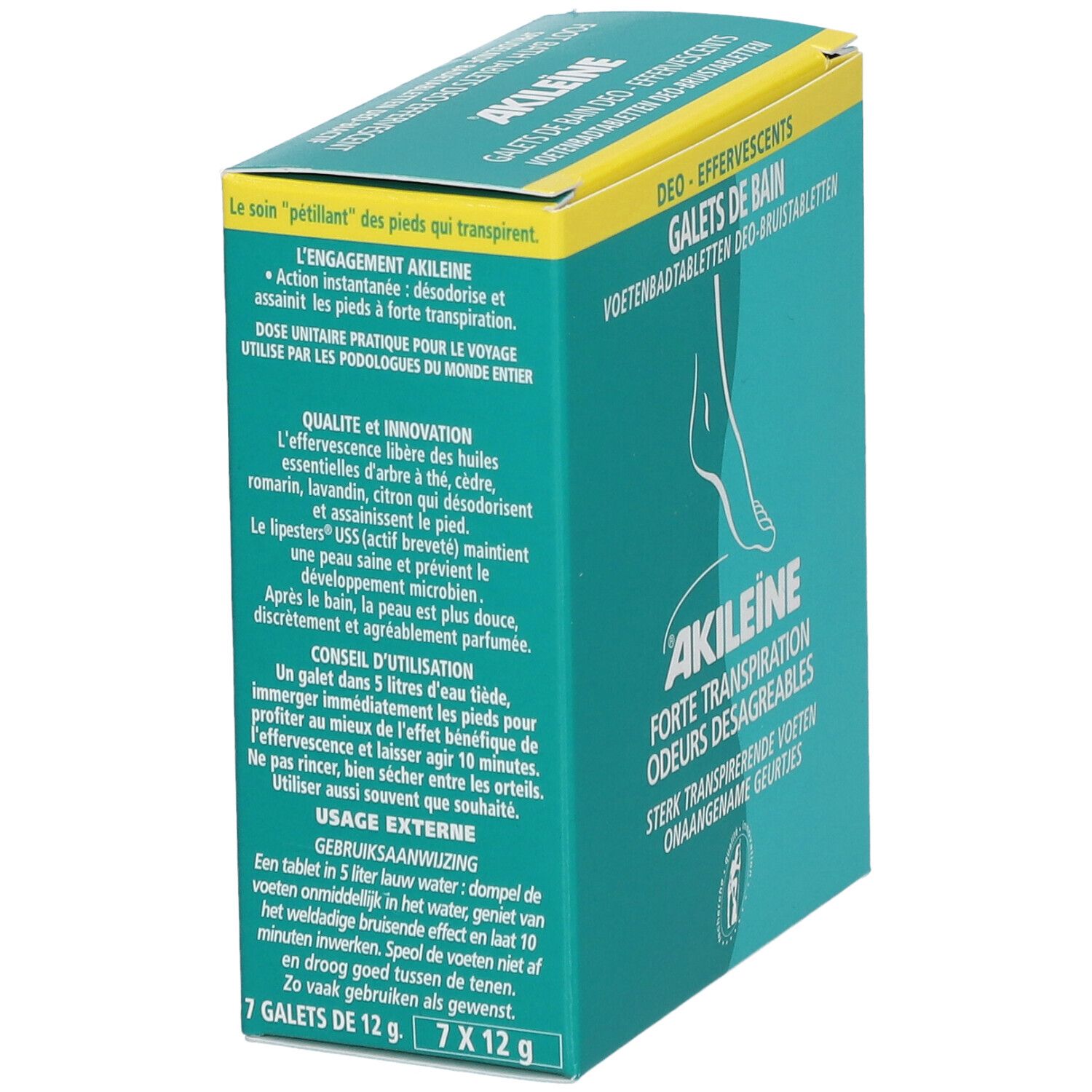 Türkis-gelbe Schachtel mit Akileïne-Logo und Text. Enthält 7 Tabletten. Text: Forte Transpiration, Odeurs Désagréables.
