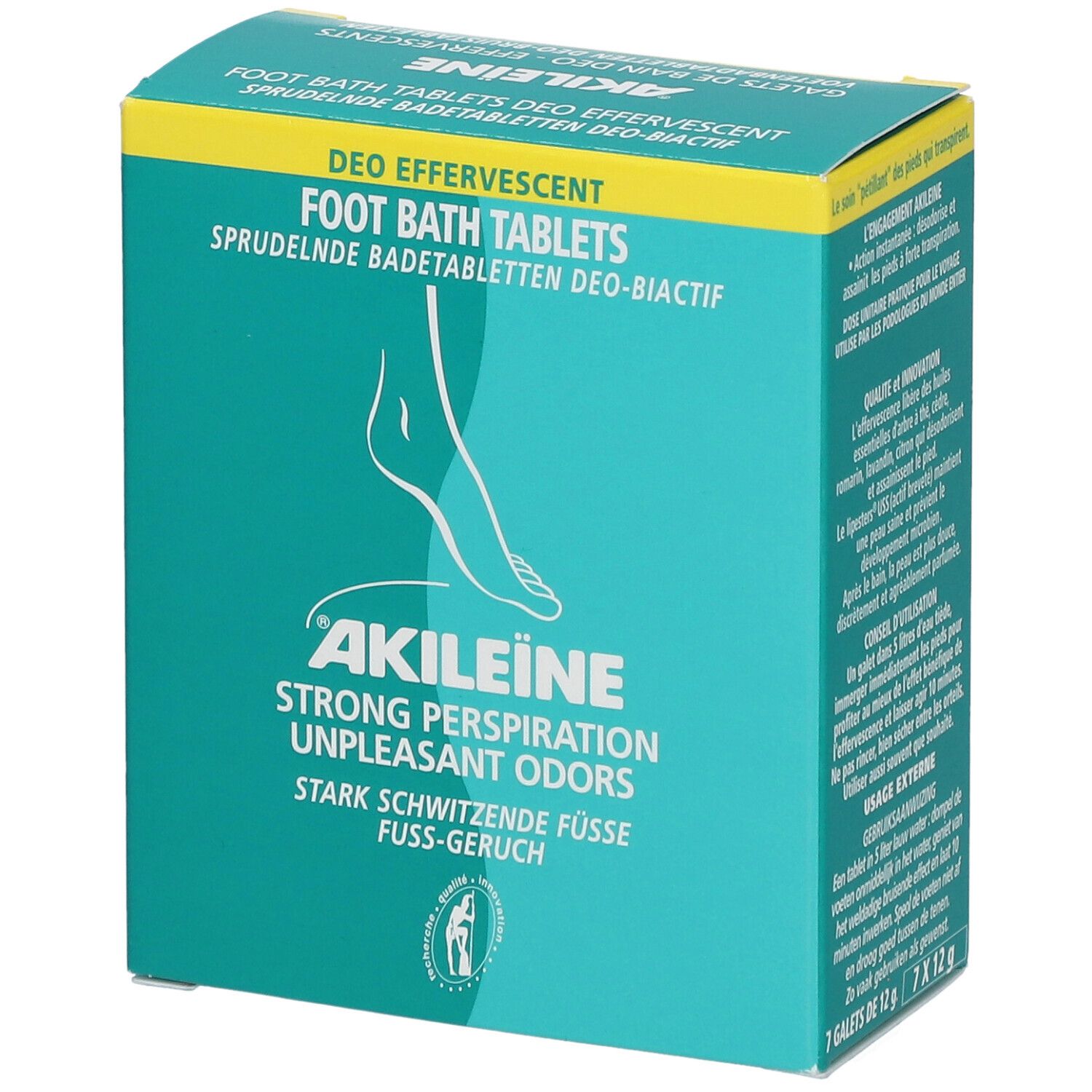 Türkis-gelbe Schachtel mit Akileïne-Logo und Text. Text: Strong Perspiration, Unpleasant Odors. Fußbad-Tabletten.