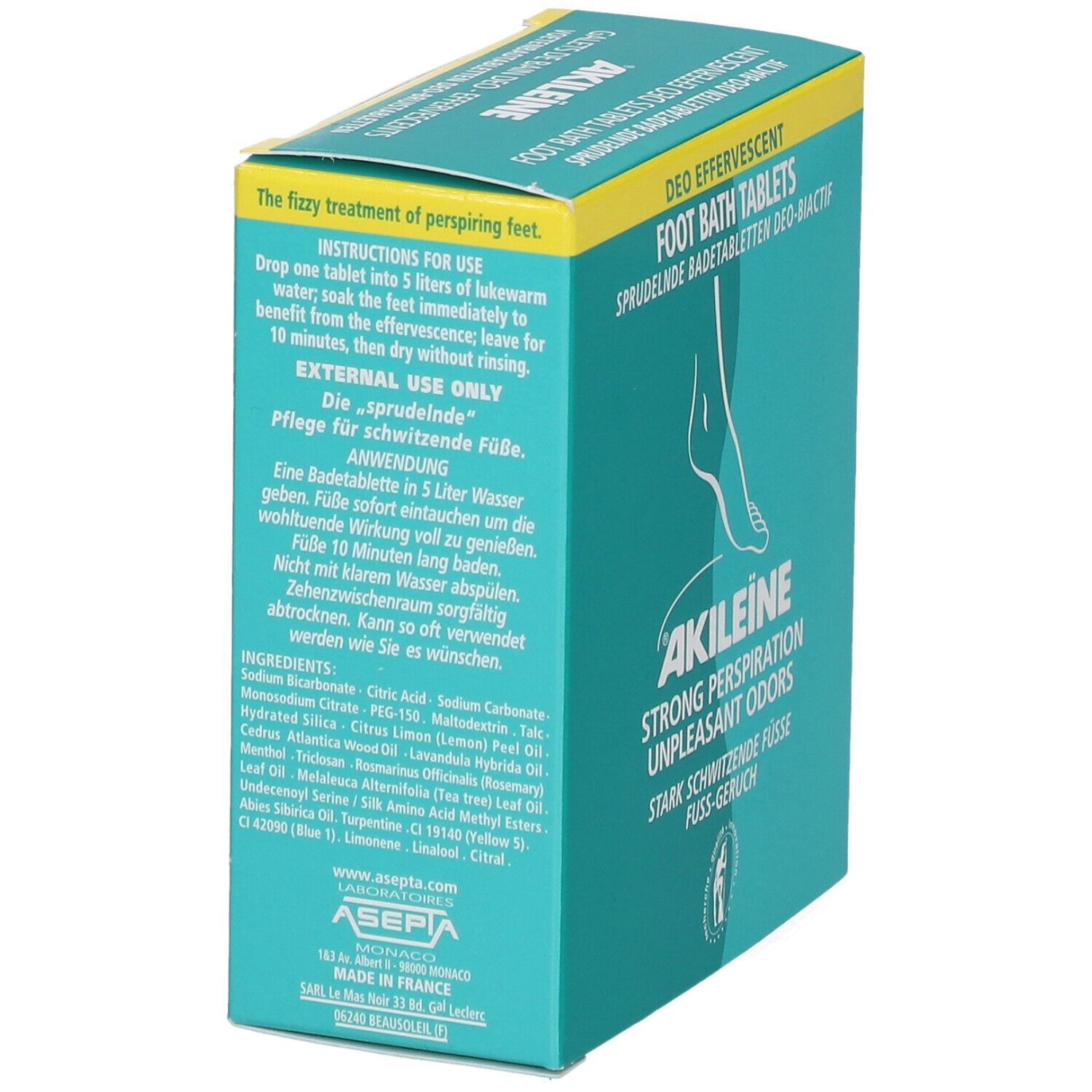 Türkis-gelbe Schachtel mit Akileïne-Logo und Text. Rückseite mit Inhaltsstoffen und Anwendungshinweisen.