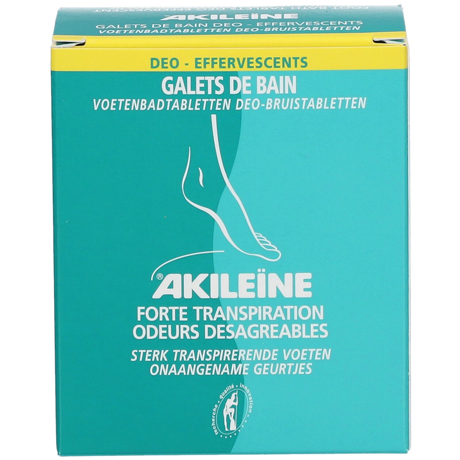 Türkis-gelbe Schachtel mit Akileïne-Logo und Fuß-Illustration. Text: Forte Transpiration, Odeurs Désagréables.