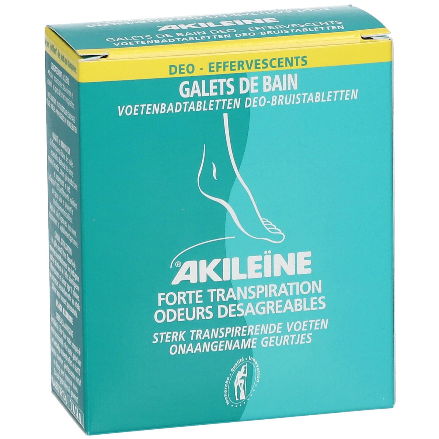 Türkis-gelbe Schachtel mit Akileïne-Logo und Fuß-Illustration. Text: Forte Transpiration, Odeurs Désagréables.