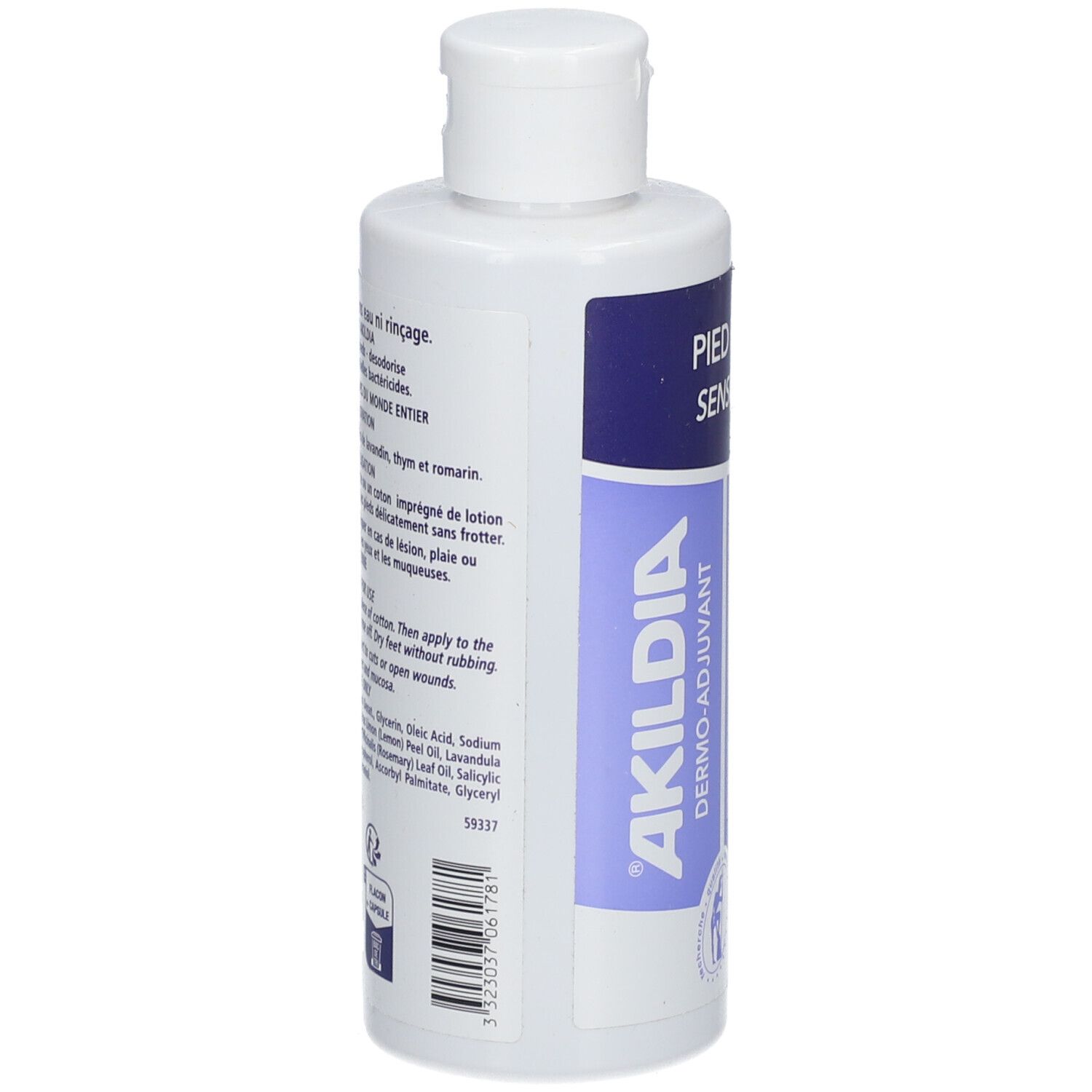 Flacon blanc avec étiquette bleue. Texte: AKILDIA, ingrédients, mode d'emploi. Bouchon blanc. Vue arrière.
