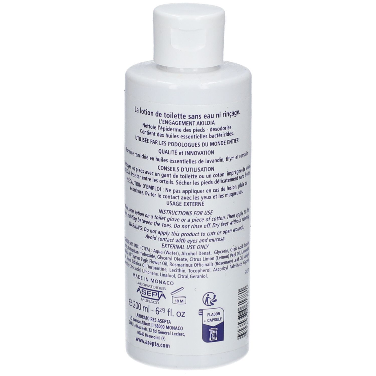 Vue arrière d'un flacon blanc avec étiquette bleue. Texte: AKILDIA, ingrédients, mode d'emploi, 200 ml. Bouchon blanc.
