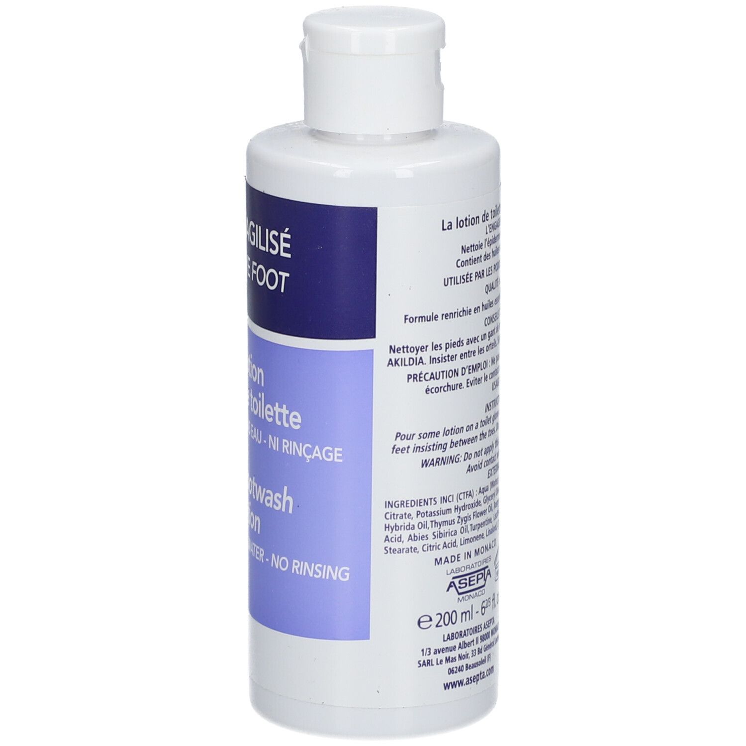Vue arrière d'un flacon blanc avec étiquette bleue. Texte: AKILDIA, ingrédients, mode d'emploi, 200 ml. Bouchon blanc.