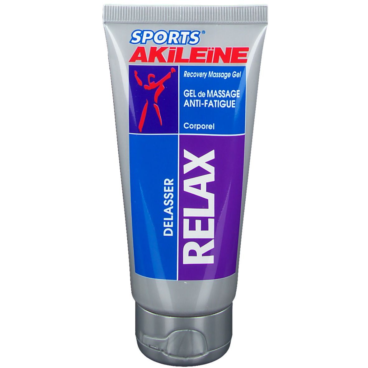 Tube de gel de massage Sport® Akileine Relax Anti-Fatigue. Inscription bleue et violette, sportif rouge.