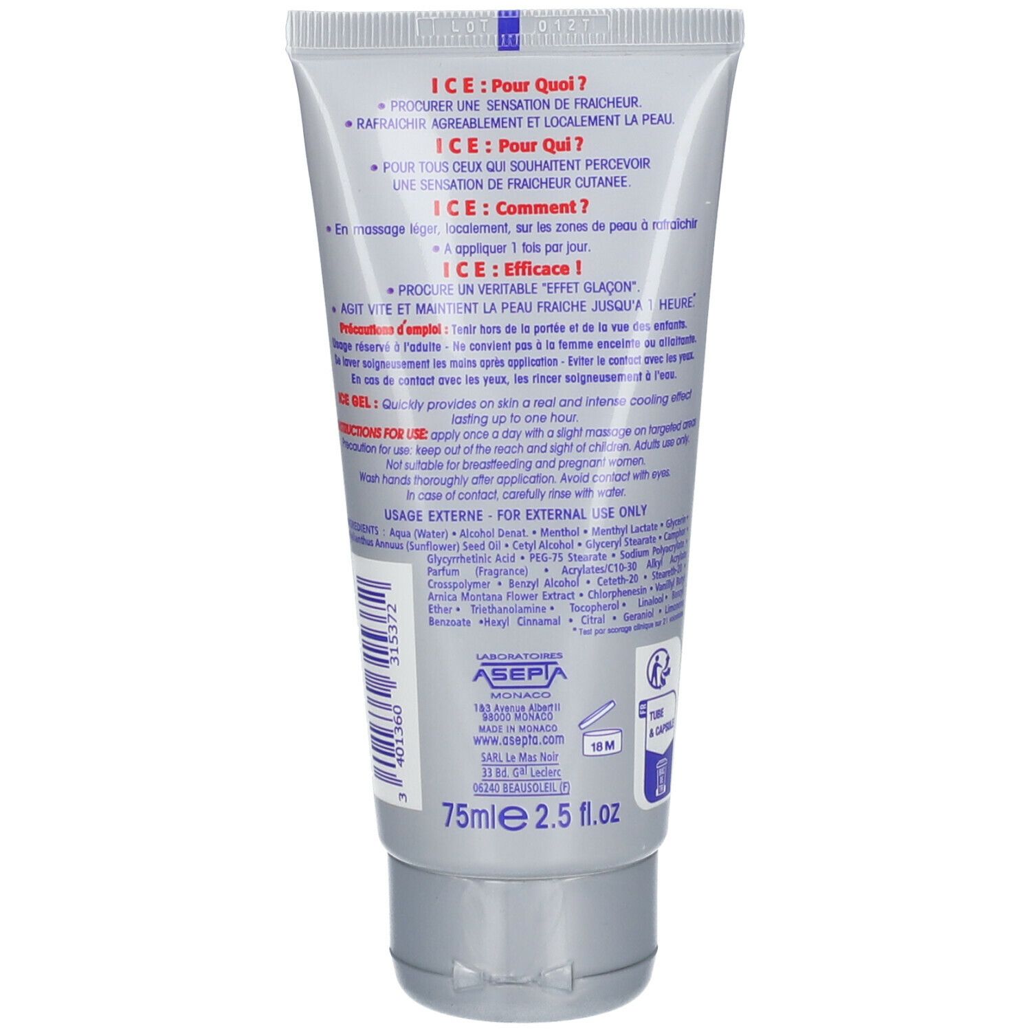 Dos du tube de gel AKILEINE Sports® Ice Cool. Informations textuelles et ingrédients. 75ml.