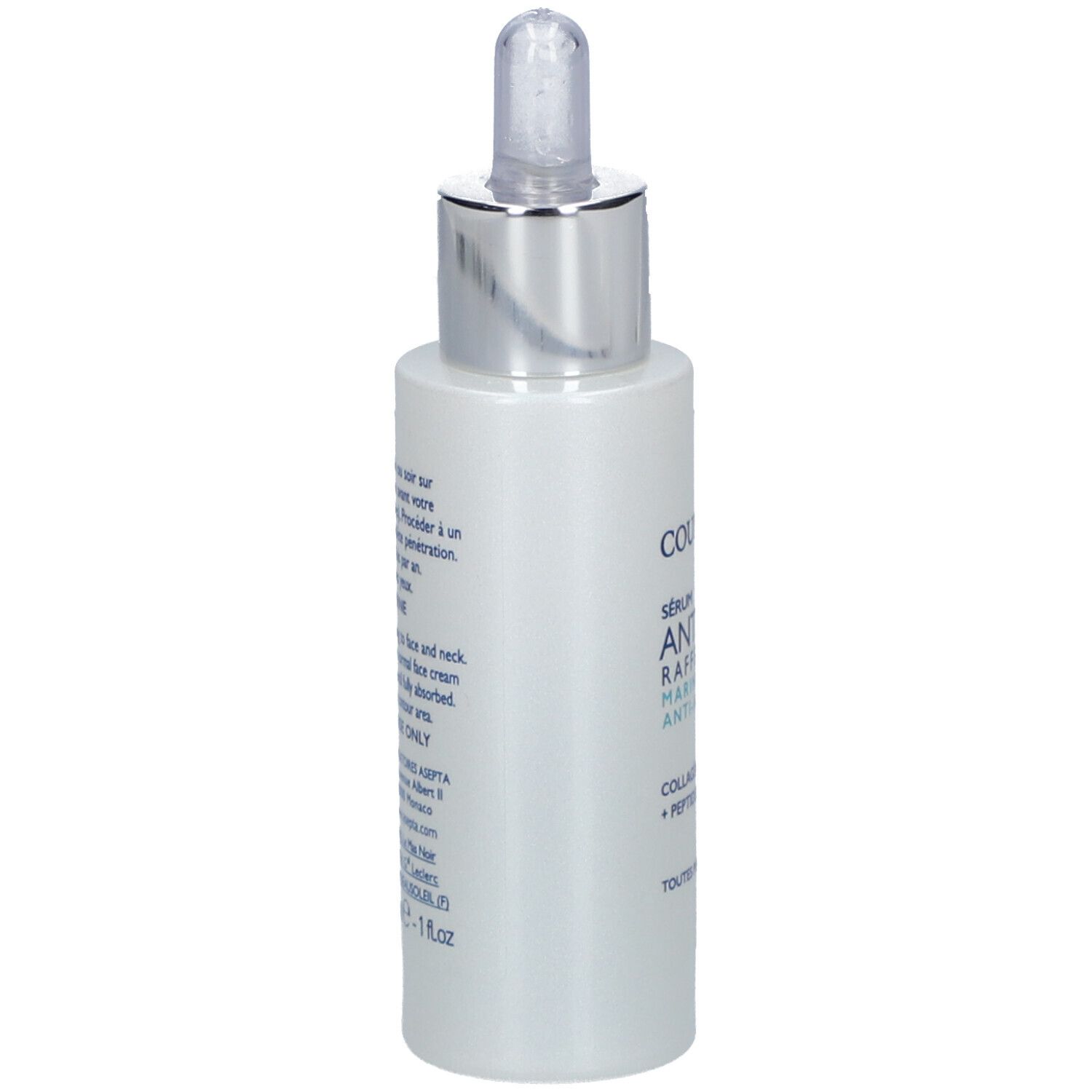 Serumflasche, Seitenansicht. Aufschrift: COUP D'ECLAT, Anti-Falten Serum, Kollagen, Peptide. Für alle Hauttypen. Mit Pipette.