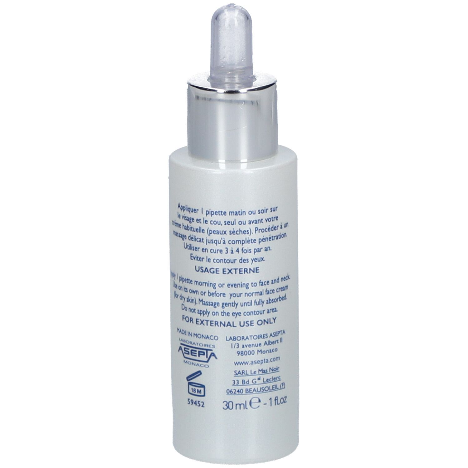 Serumflasche, Rückseite. Aufschrift: COUP D'ECLAT, Anti-Falten Serum. Gebrauchsanweisung in Französisch und Englisch. 30 ml.