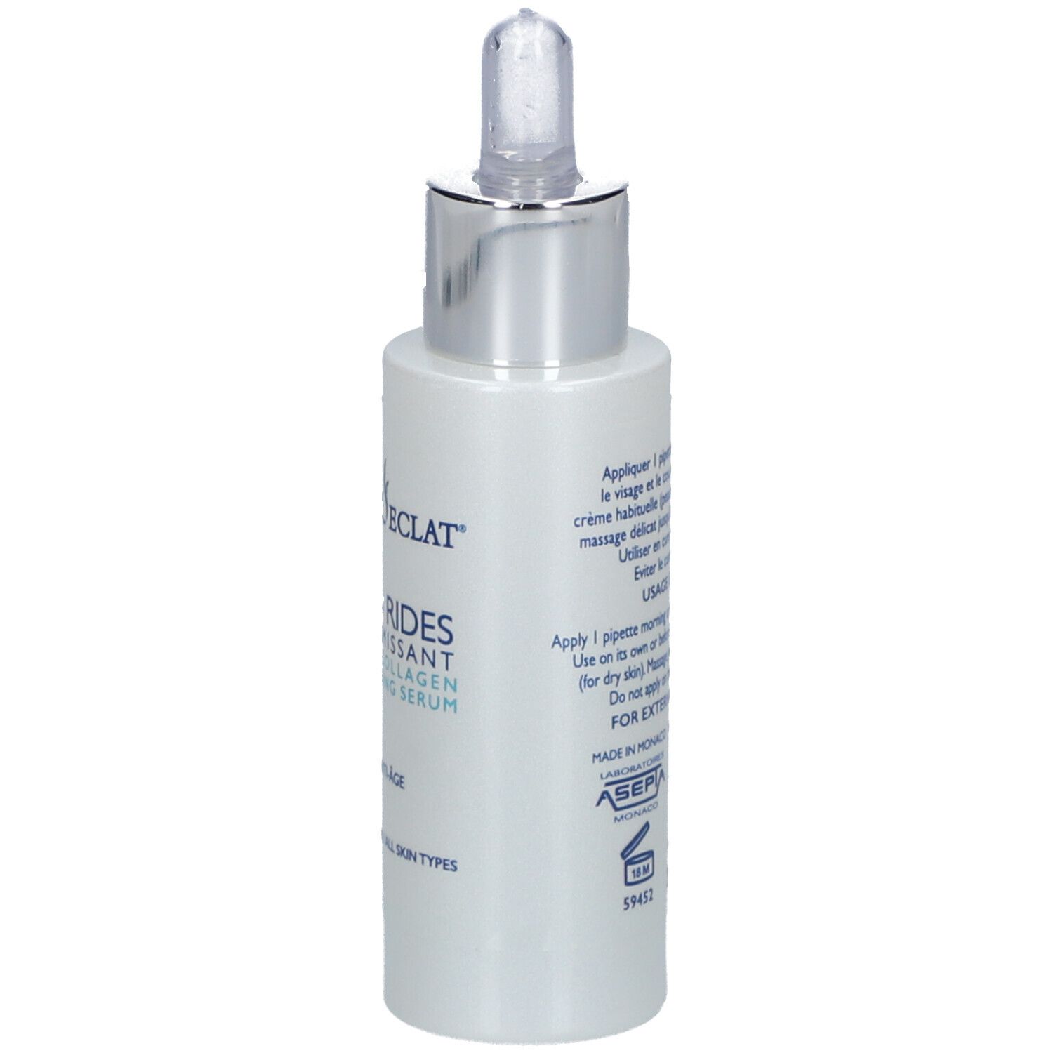 Serumflasche, Seitenansicht. Aufschrift: COUP D'ECLAT, Anti-Falten Serum, Kollagen, Peptide. Für alle Hauttypen. Mit Pipette.