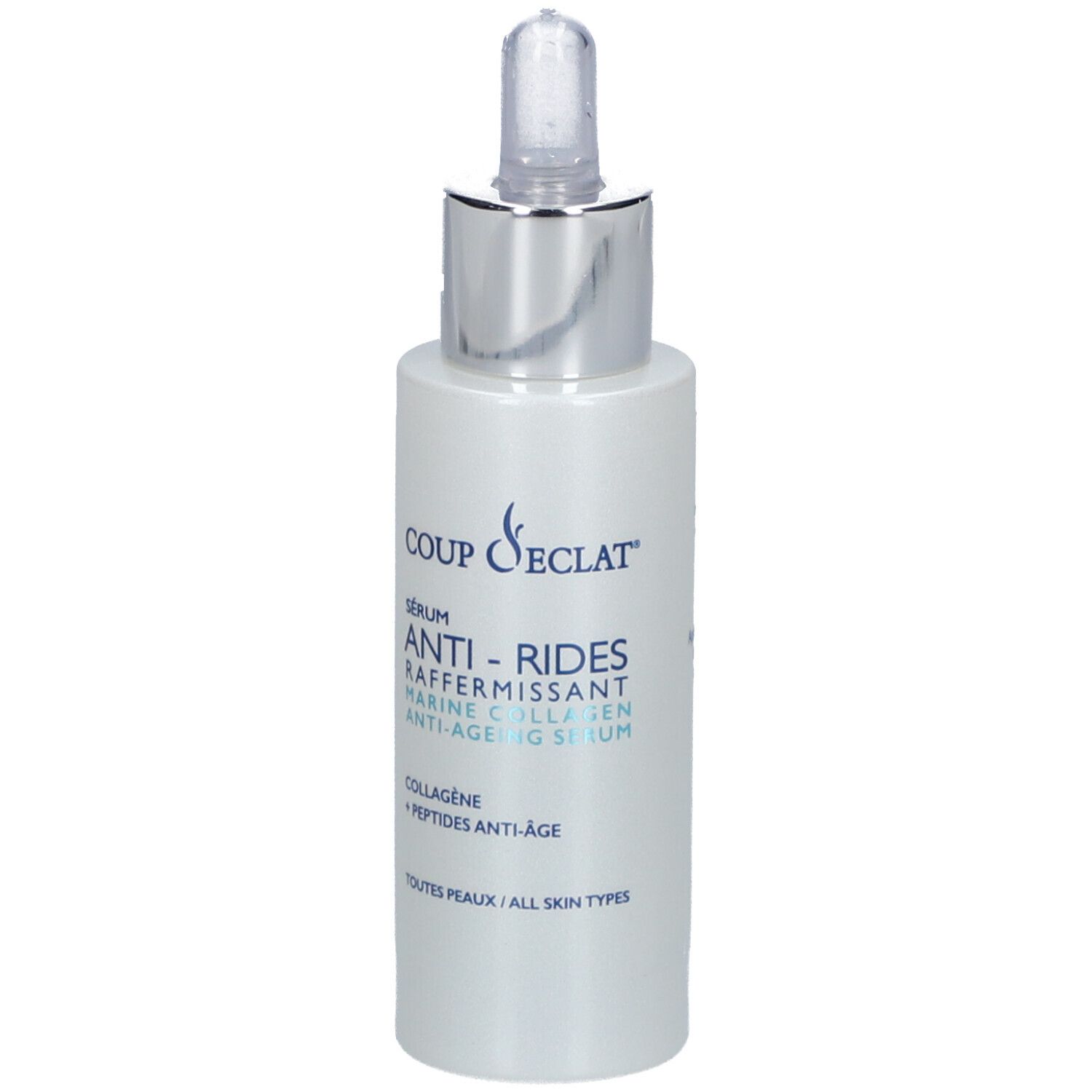Serumflasche mit Pipette. Aufschrift: COUP D'ECLAT, Anti-Falten Serum, Kollagen, Peptide. Für alle Hauttypen.
