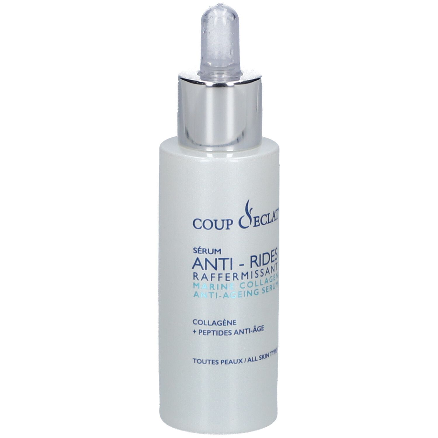 Serumflasche mit Pipette. Aufschrift: COUP D'ECLAT, Anti-Falten Serum, Kollagen, Peptide. Für alle Hauttypen.